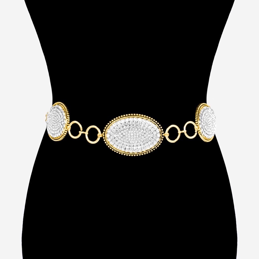 Gold Rhinestone Paved Concho Chain Statement Belt